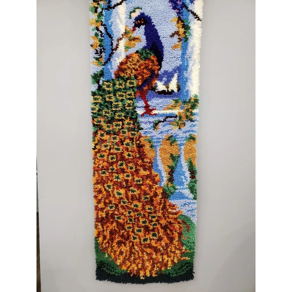 LARGE Vintage Latch Hook Rug Completed Beach Sea Wall Hanging PEACOCK maximalist